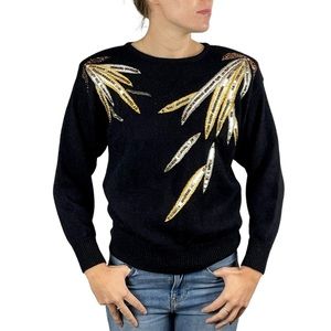 VINTAGE 80S 90S LAMÉ SEQUIN BURST SHOULDER PAD PULLOVER HOLIDAY SWEATER ANGENIE